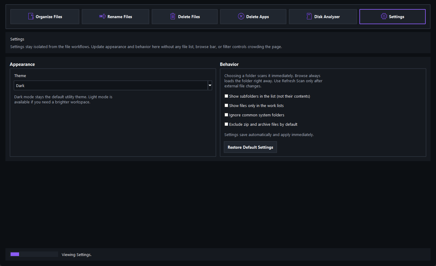 Settings view
